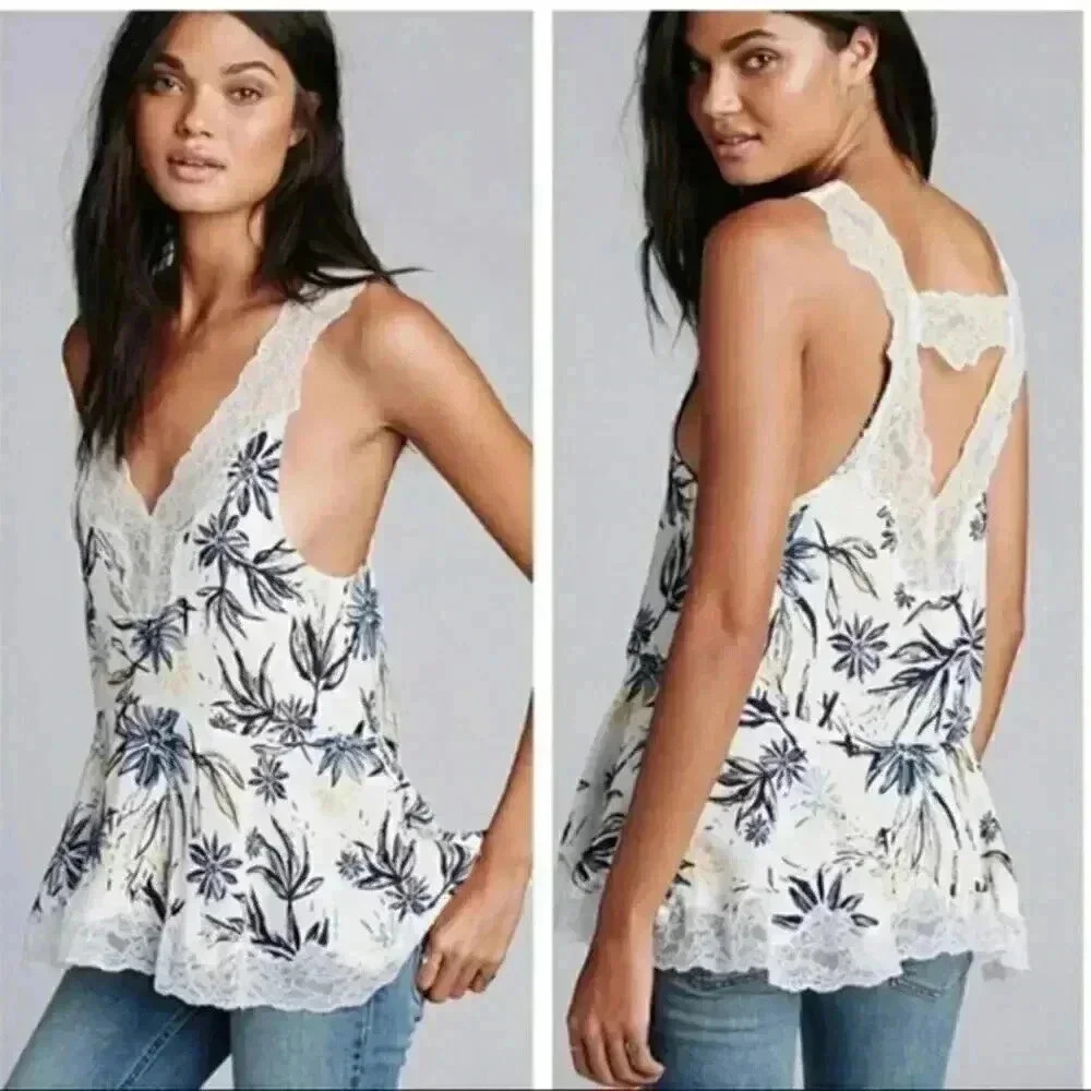 Free People Bell Flower Lace Trim Floral Tank Top Medium Ivory Blue V Neck Boho